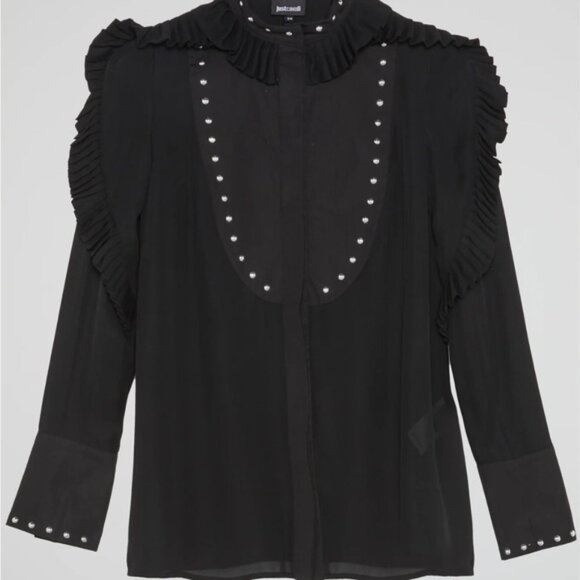 - Just Cavalli Ruffle frill silk black Blouse Size 40 - Picture 1 of 11